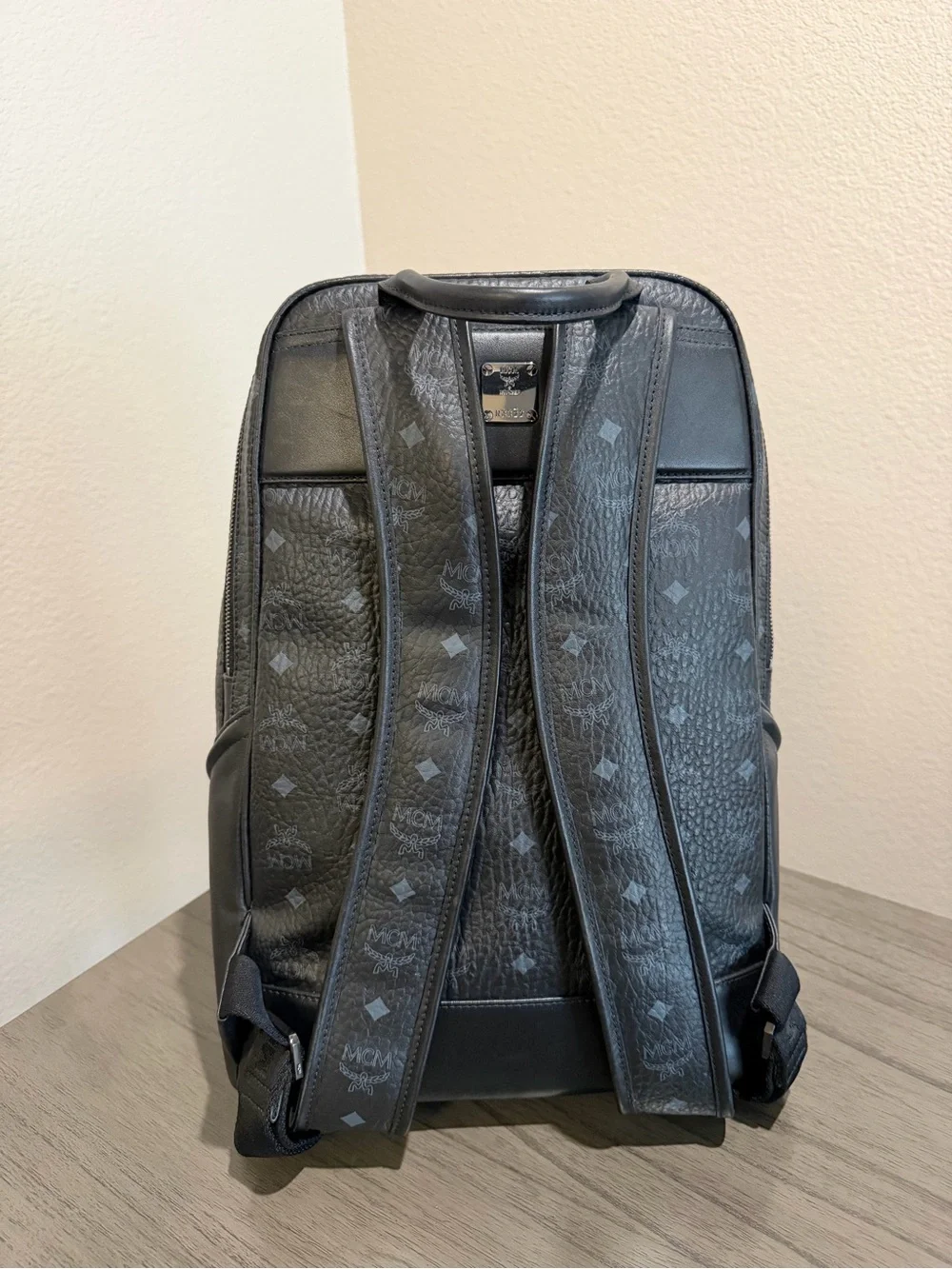 MCM Black Monogram Textured Leather Backpack